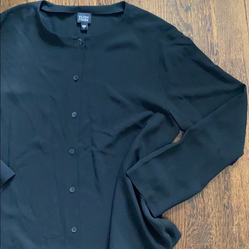 Eileen Fisher Black Long-Sleeve Button Front Blouse